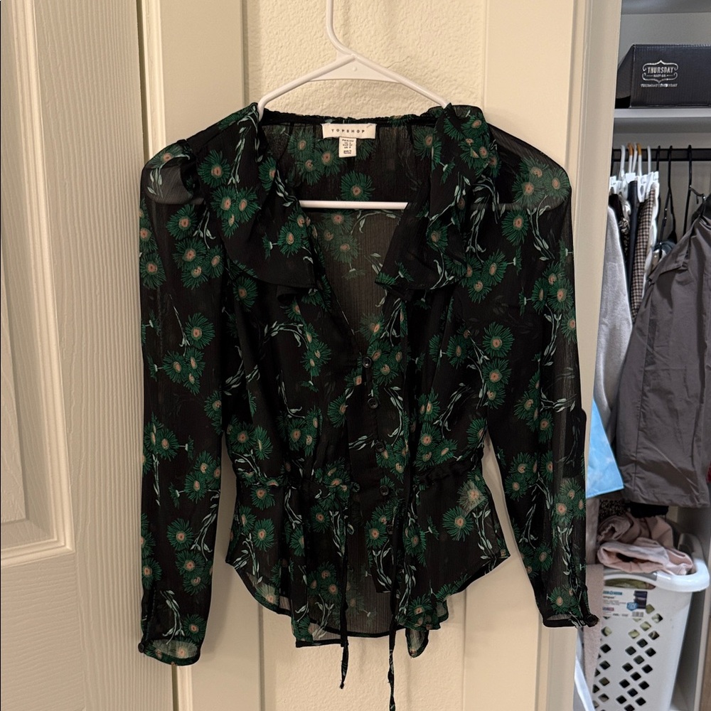 Topshop Black Blouse with Green Floral Pattern